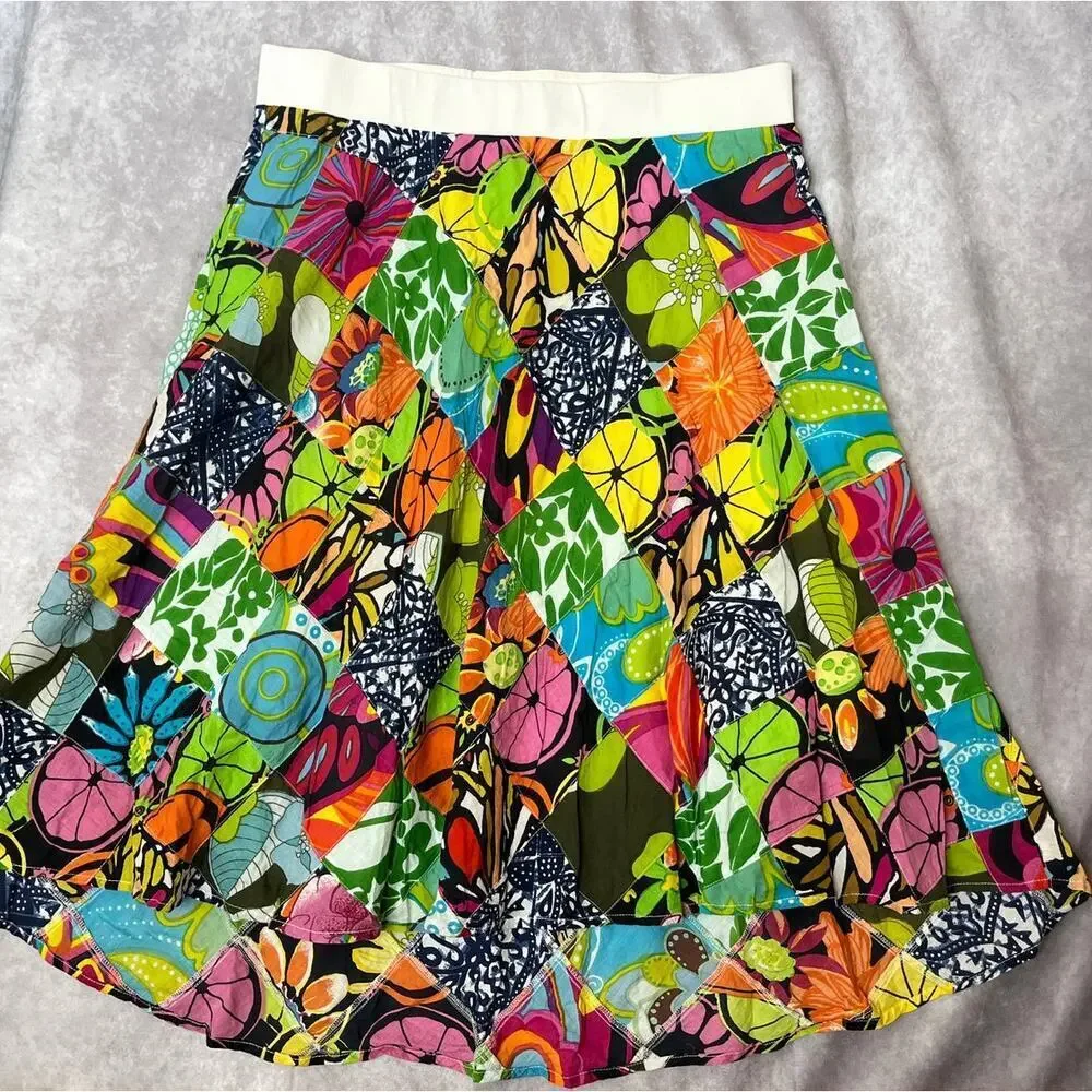VTG Mimi Maternity Patchwork Colorful Whimsy Boho Midi Skirt sz L Phoebe Buffay - Picture 3 of 8